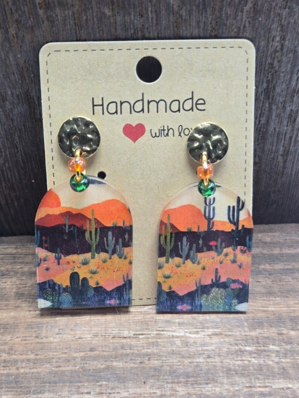 NWT Cactus Desert Earrings Pierced Southwest Acrylic Glass Beads Gold Tone OOAK